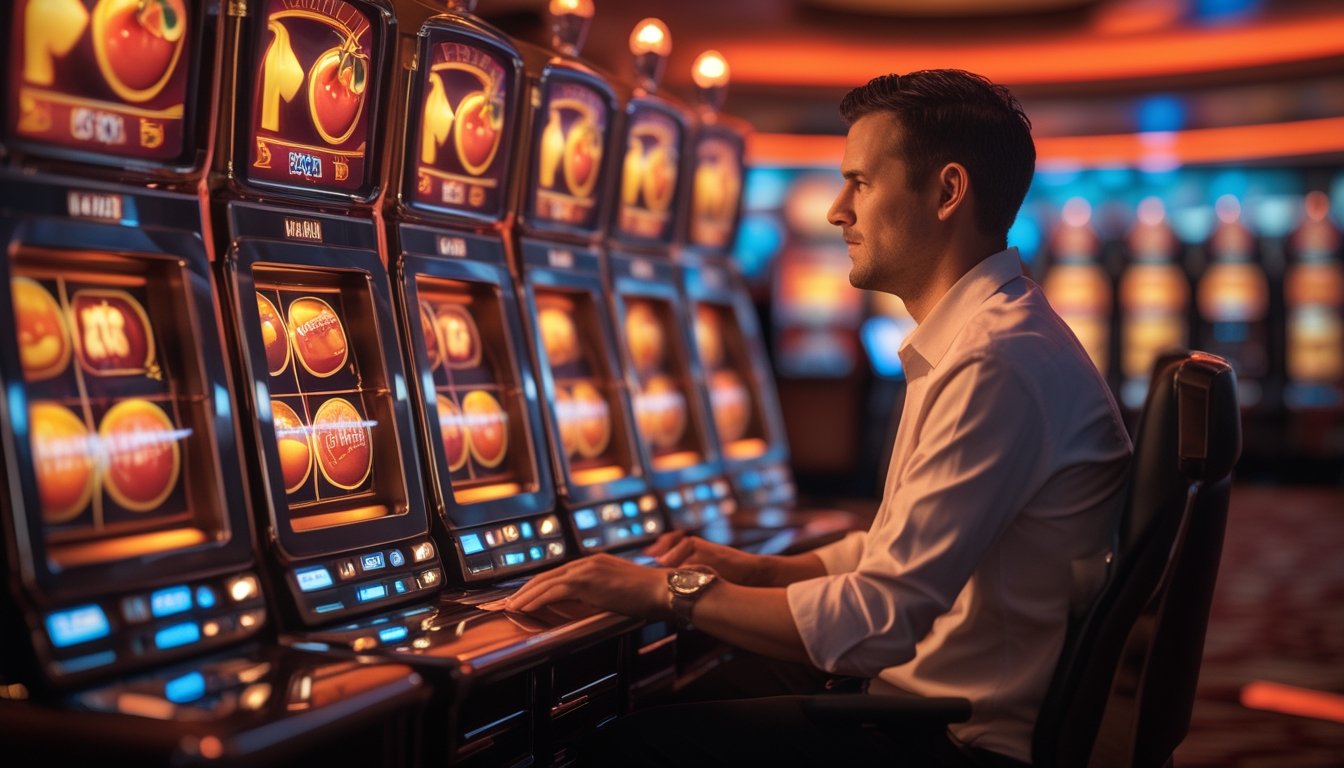 Seorang pemain mengamati mesin slot bertema buah dengan pencahayaan hangat di kasino modern.