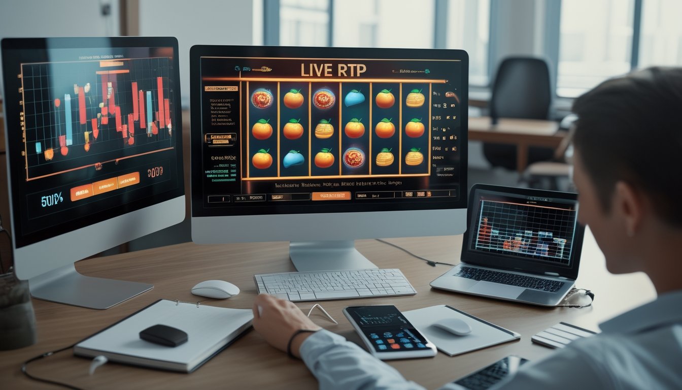 Seseorang menganalisis tampilan permainan slot dan grafik data di meja kerja.