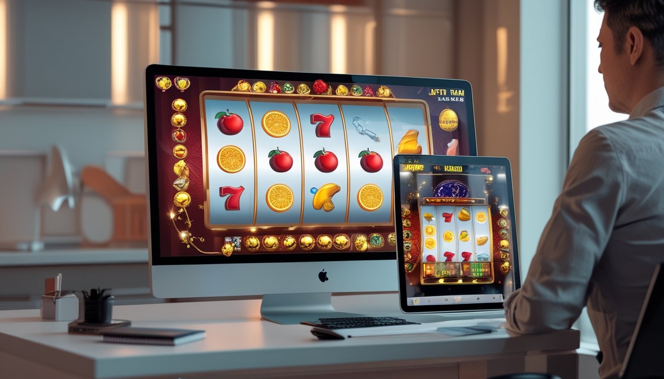 Seseorang meninjau permainan slot bertema buah melalui komputer dan ponsel di atas meja.