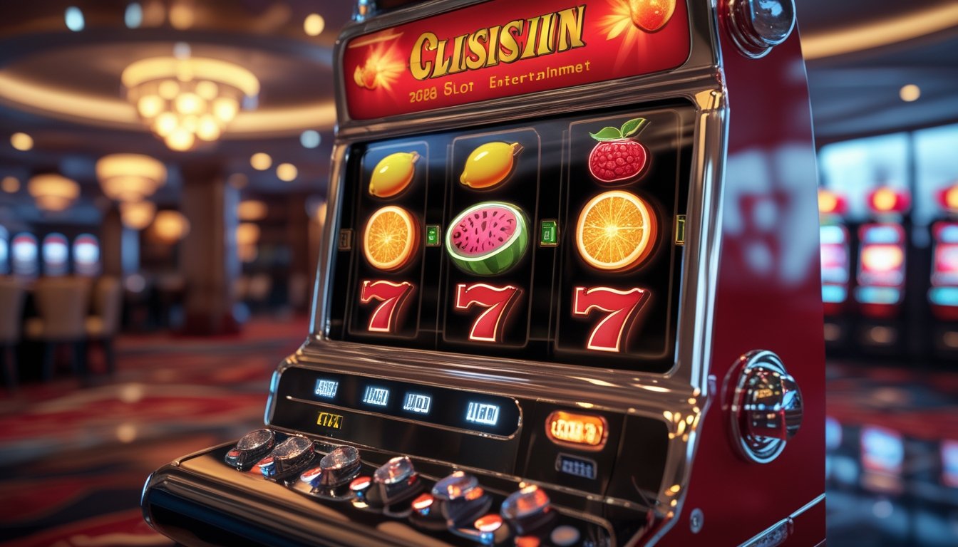 Mesin permainan slot bertema buah dengan pencahayaan modern di dalam kasino.