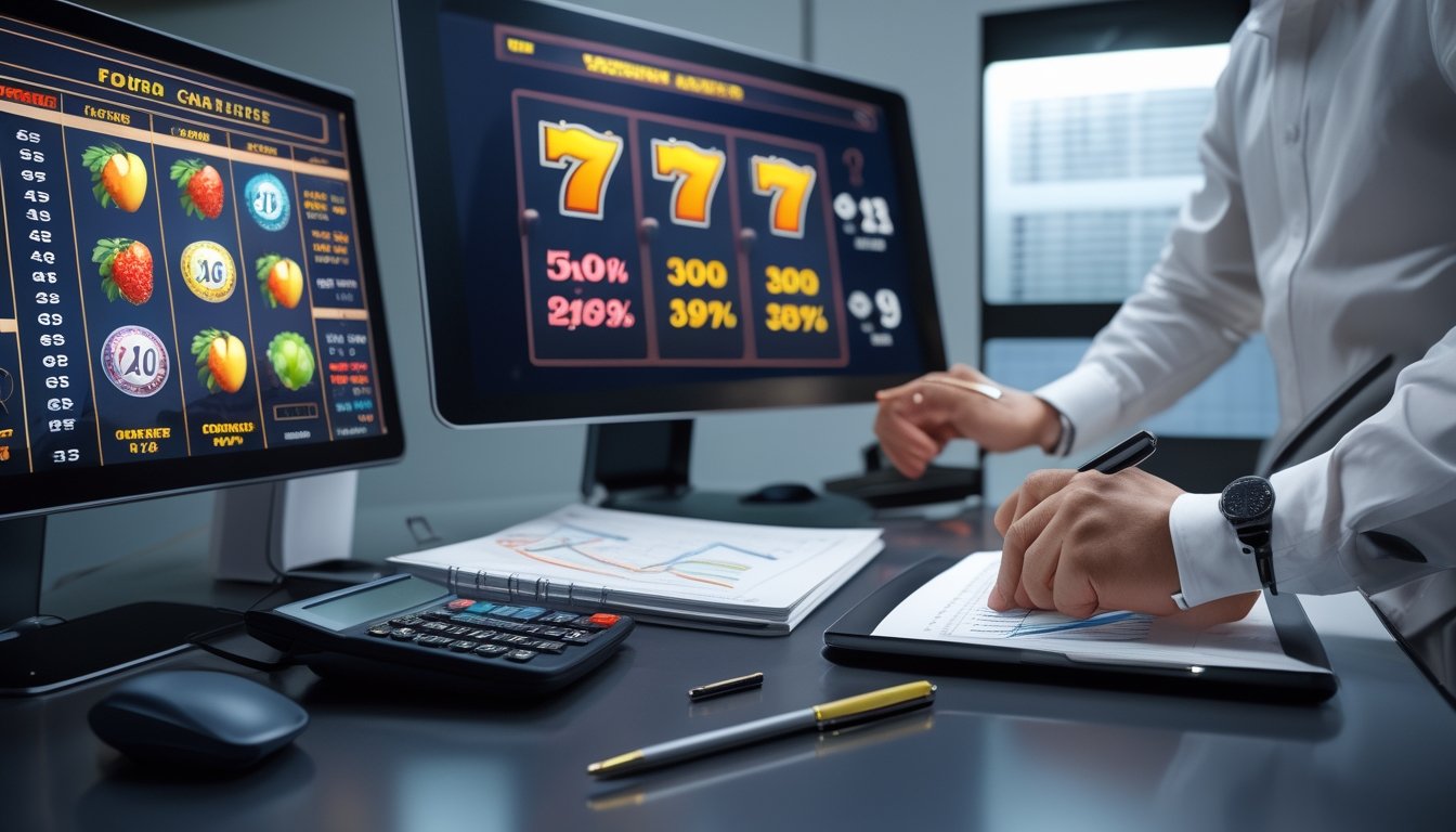 Seorang analis memeriksa grafik statistik dan mesin slot digital sebelum bertaruh.
