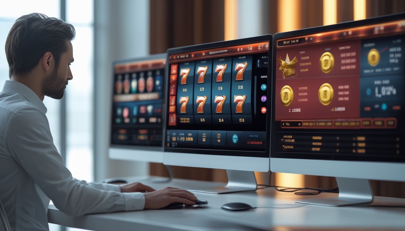Seorang analis meninjau grafik statistik dan antarmuka permainan slot sebelum mengambil keputusan.