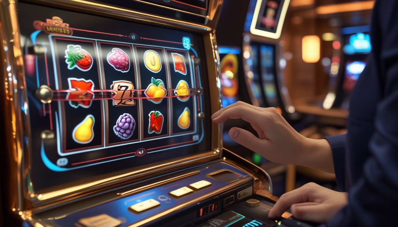 Tangan pemain berada di dekat mesin slot bertema buah dengan tampilan pilihan bonus.