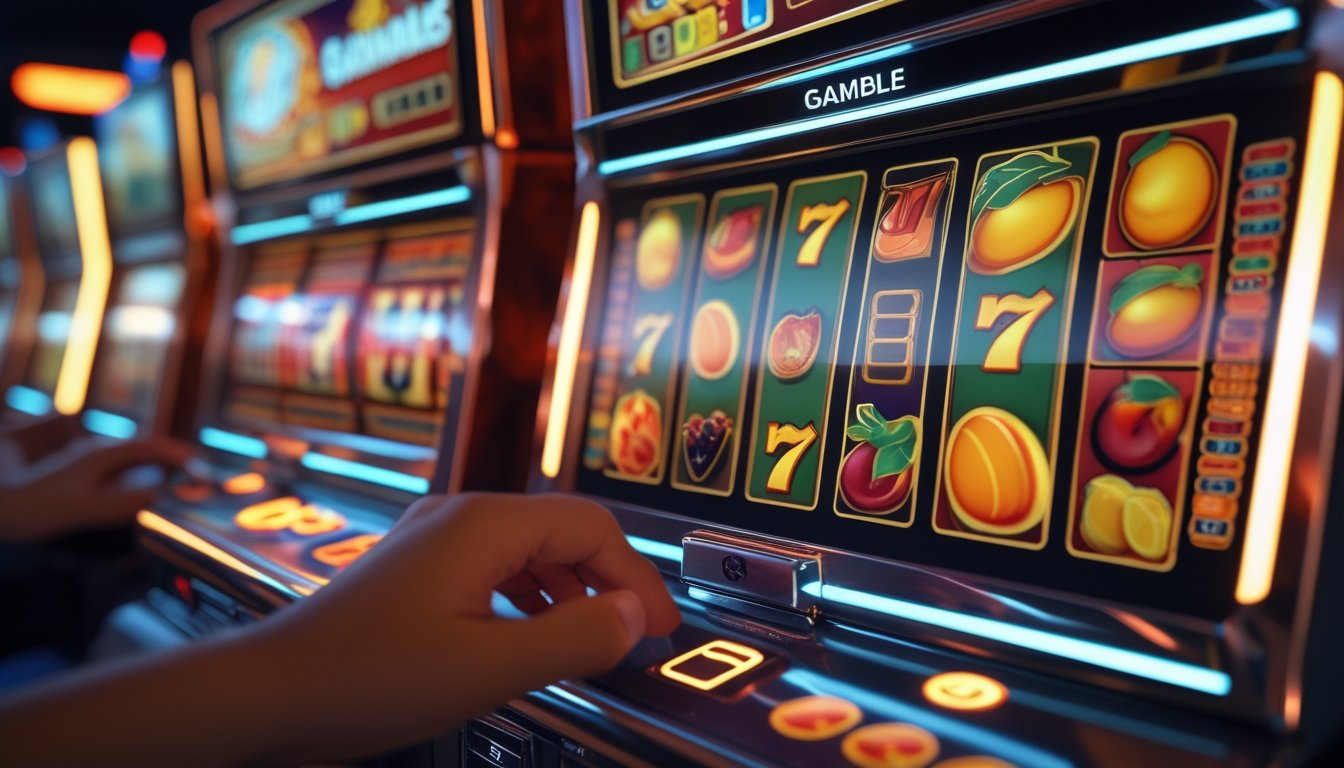 Tangan pemain berada di dekat mesin slot bertema buah dengan tampilan pilihan risiko antara kartu merah dan hitam.
