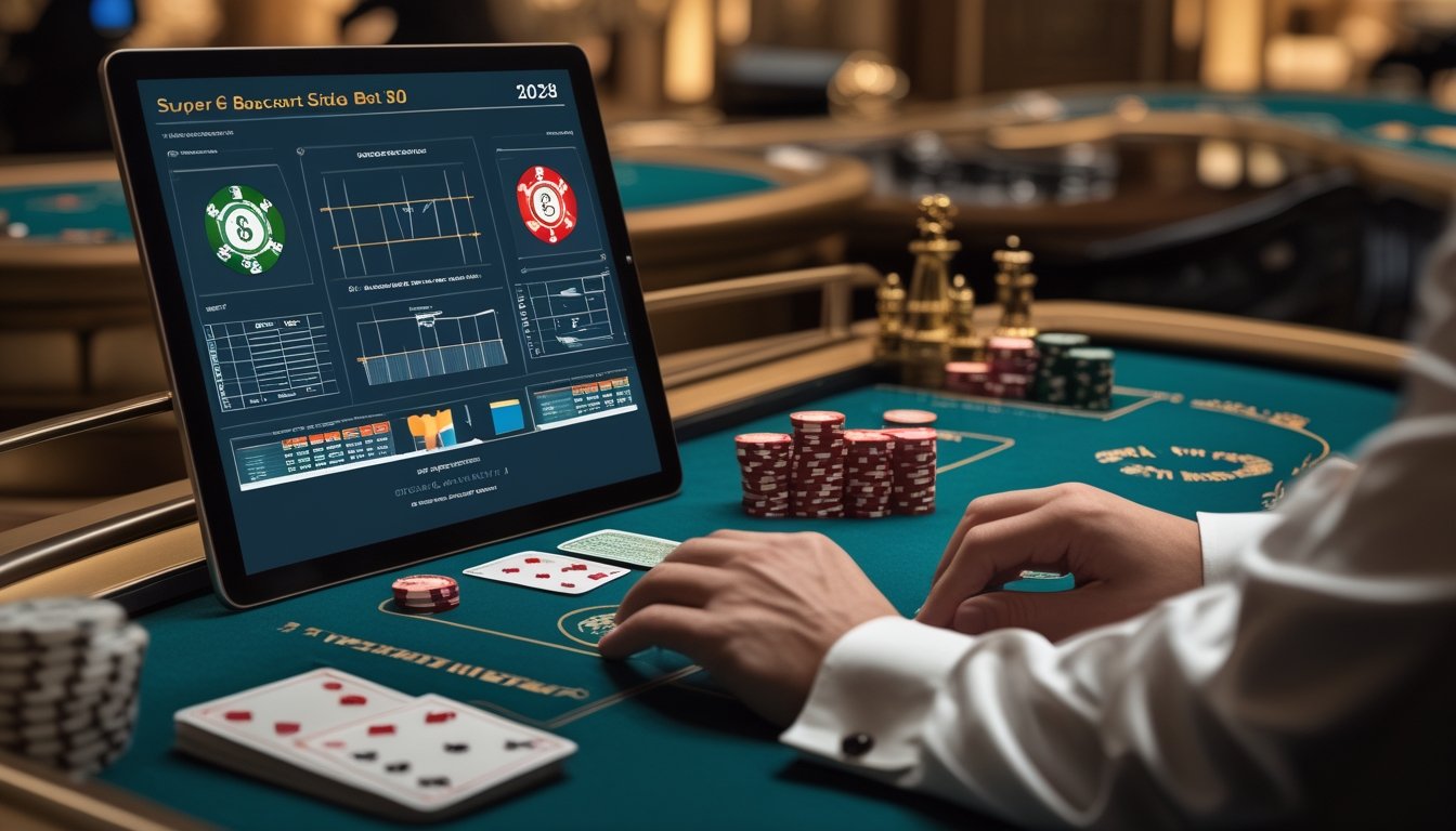 Meja baccarat dengan kartu, keping kasino, dan perangkat analisis probabilitas dalam suasana kasino modern.