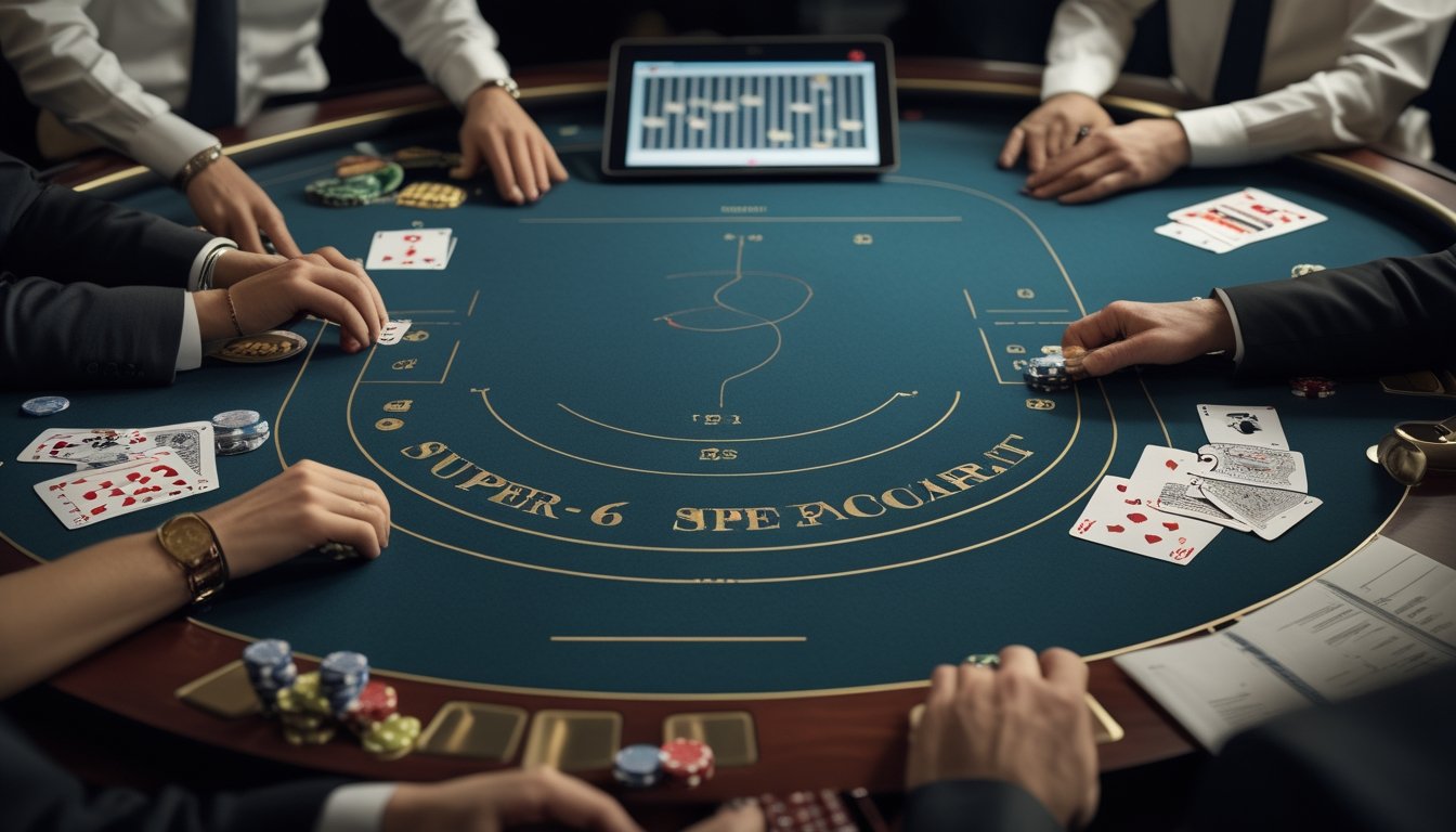 Meja baccarat dengan kartu, keping taruhan, dealer, dan pemain yang sedang menganalisis peluang kemenangan.