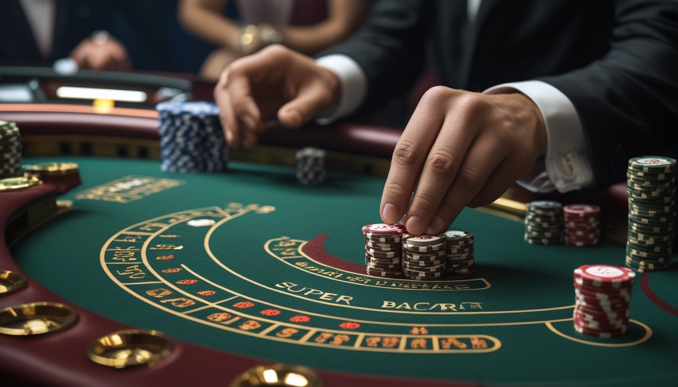 Tangan pemain menempatkan keping taruhan di area Super 6 pada meja baccarat, dengan dealer dan kartu terlihat di latar belakang.