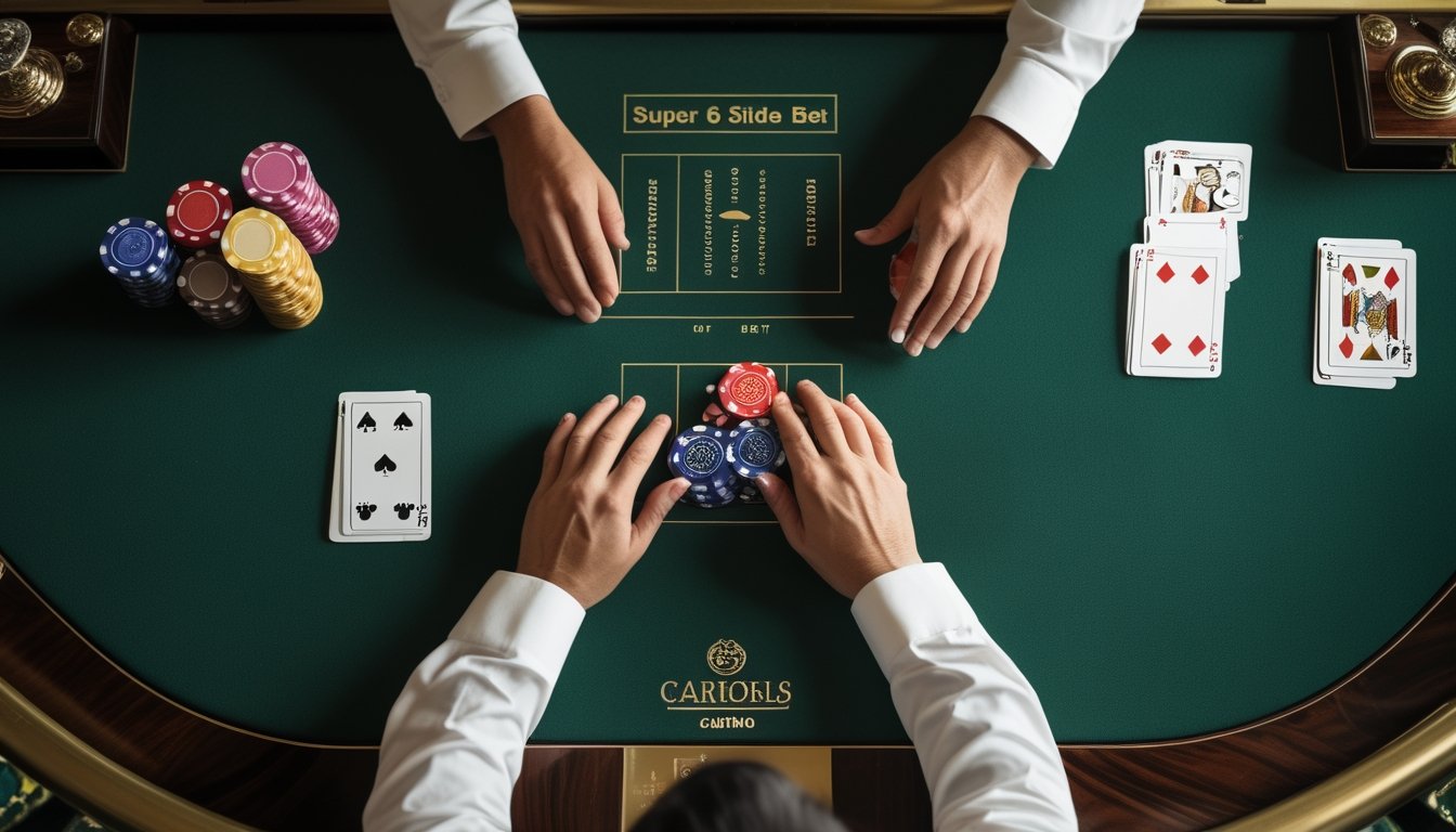 Tangan pemain menempatkan keping taruhan di area samping meja baccarat sebelum dealer membagikan kartu.