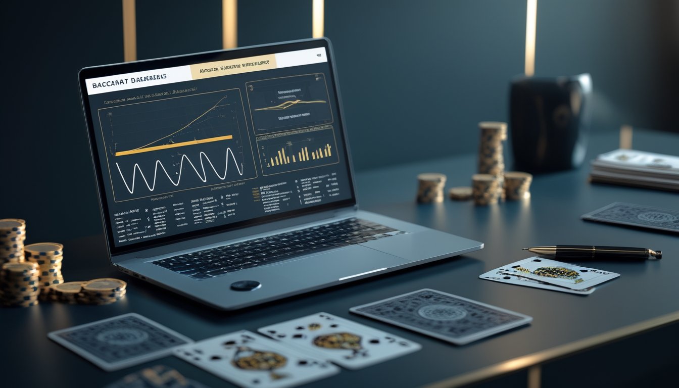 Laptop dengan grafik analisis risiko, kartu baccarat, chip kasino, dan kalkulator di atas meja.