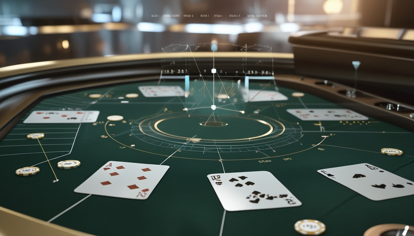 Meja baccarat dengan kartu dan keping kasino, disertai visual abstrak yang menggambarkan peluang dan risiko.