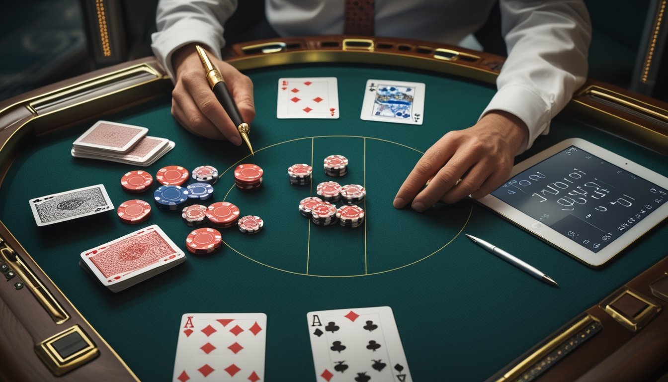Meja baccarat dengan kartu, penanda, dan tangan analis yang sedang mengamati pola skor.
