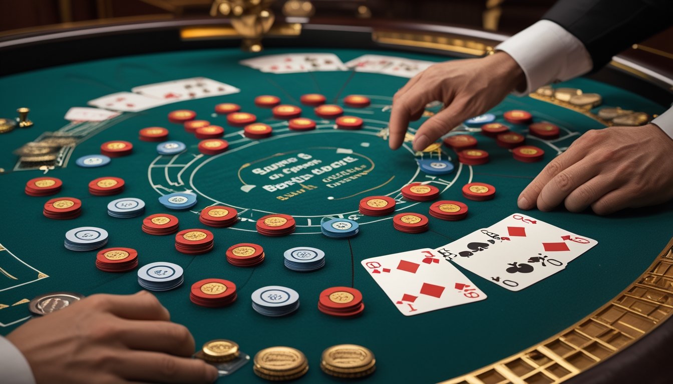 Meja baccarat dengan kartu dan penanda skor yang disusun membentuk pola hasil Banker.