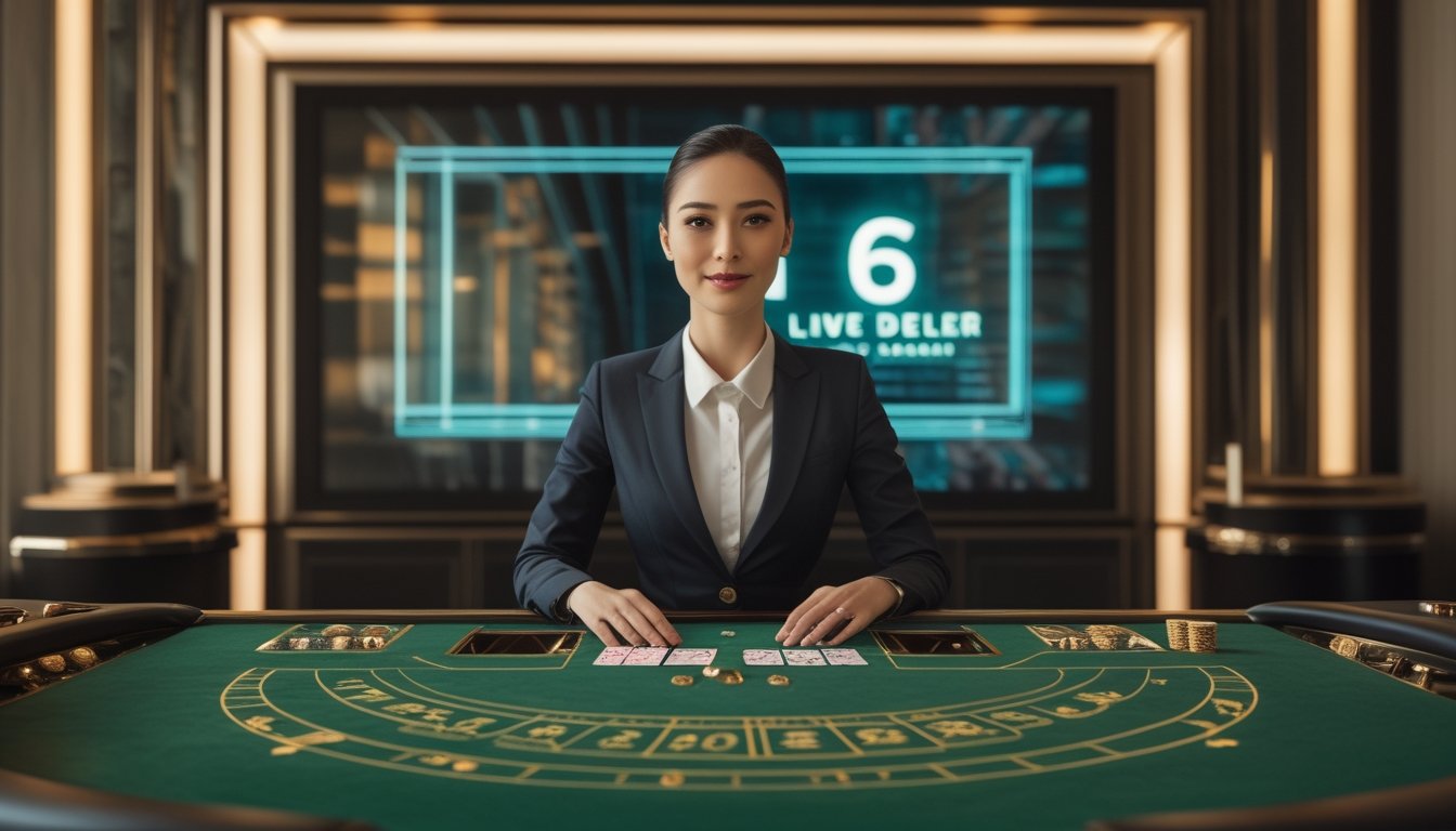 Seorang dealer wanita duduk di meja baccarat dengan kartu dan keping kasino dalam suasana kasino modern.