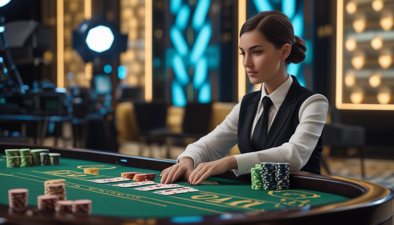 Dealer wanita menata kartu dan keping di meja Super 6 Baccarat dalam studio kasino modern.