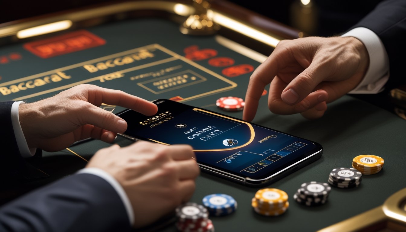Seseorang memainkan permainan baccarat melalui ponsel di meja kasino dengan kartu dan keping taruhan.