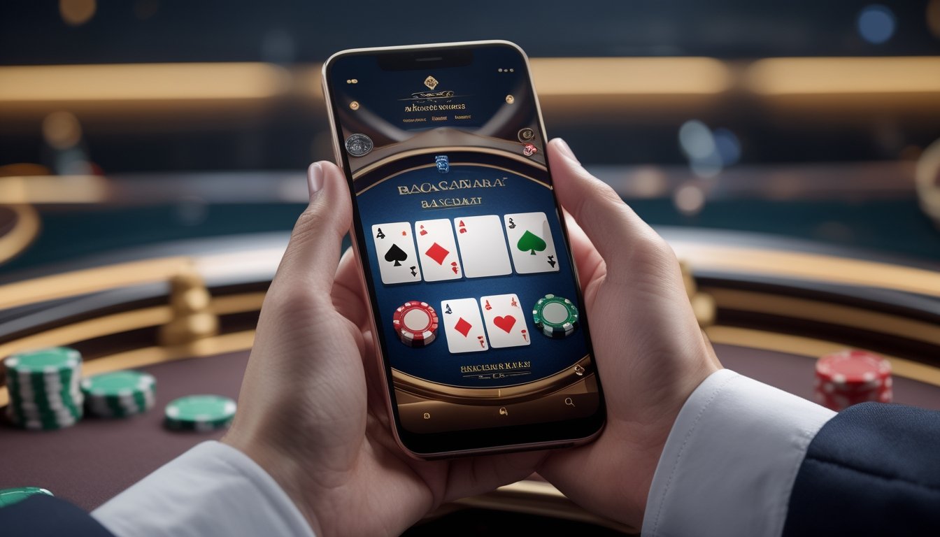 Seseorang memainkan permainan baccarat melalui ponsel dengan latar suasana kasino yang elegan.