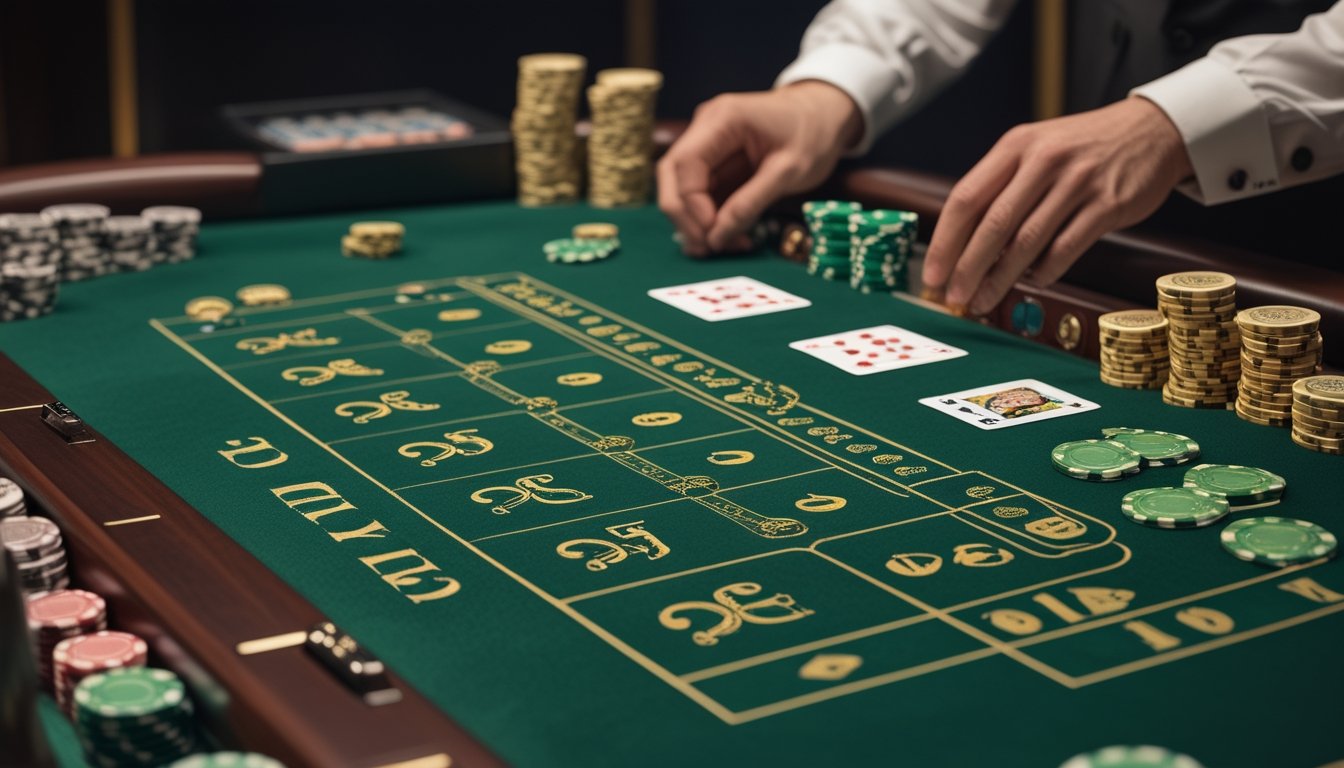 Meja baccarat modern dengan kartu, tumpukan chip, dan area taruhan sampingan di suasana kasino elegan.