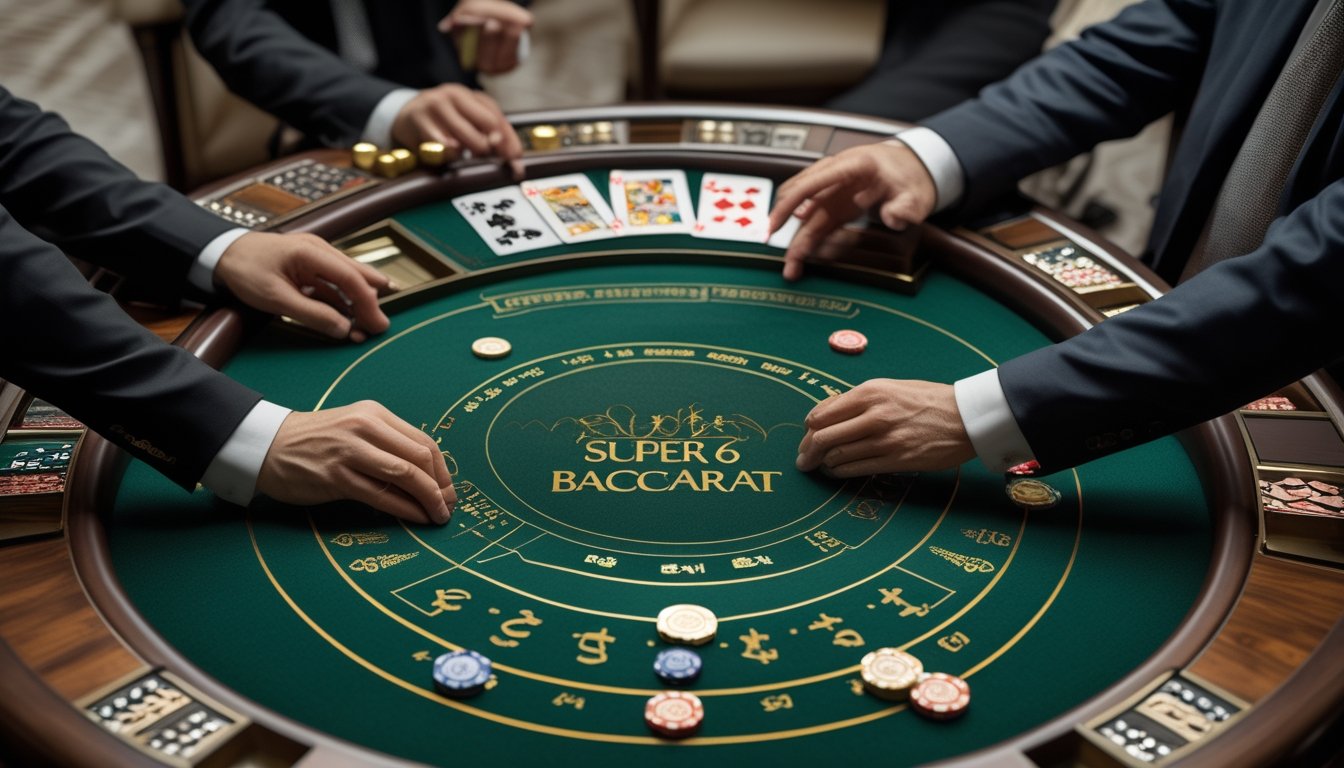 Meja baccarat modern dengan kartu dan chip taruhan di lingkungan kasino elegan.