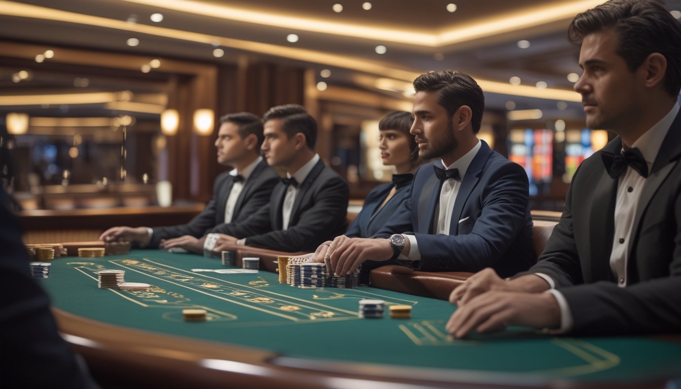 Pemain berpakaian elegan bermain baccarat di meja kasino mewah dengan kartu dan keping taruhan.