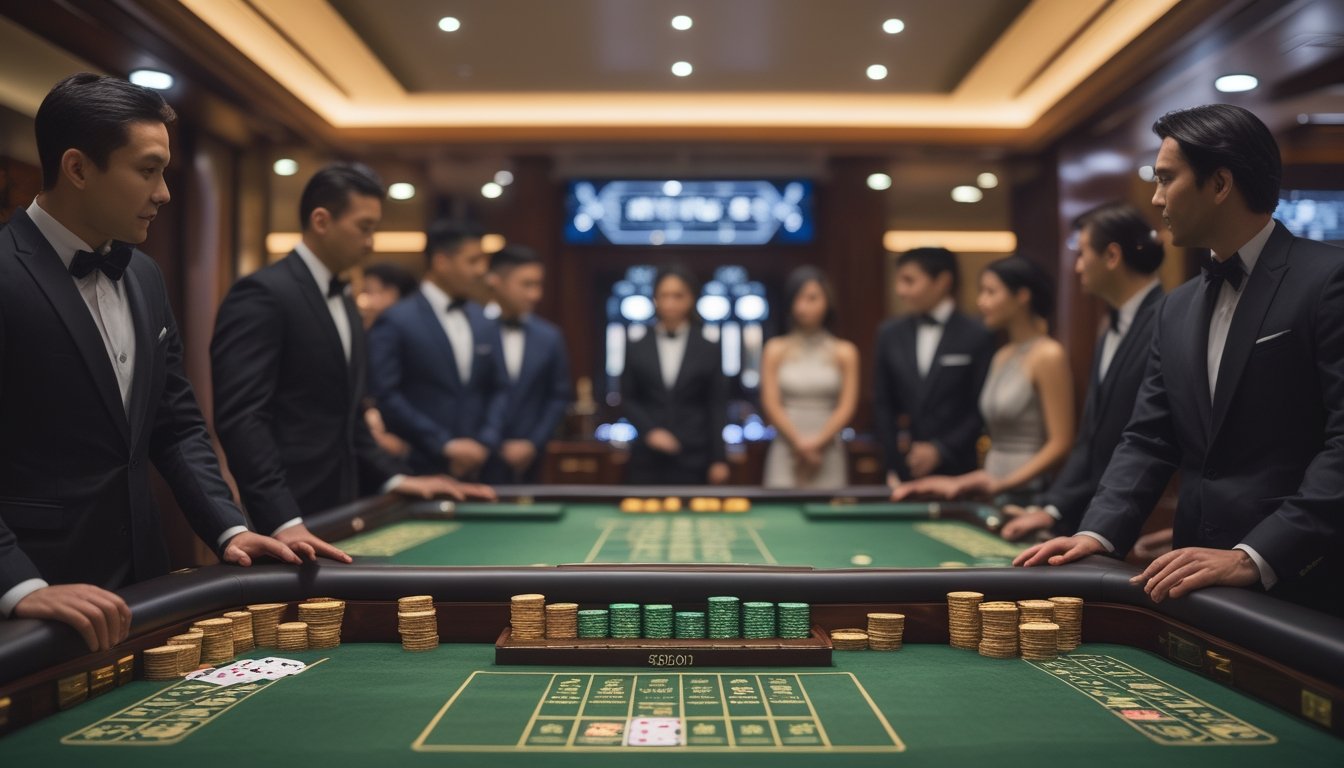 Suasana kasino mewah dengan meja baccarat, kartu dan tumpukan keping taruhan, serta para pemain berpakaian formal.