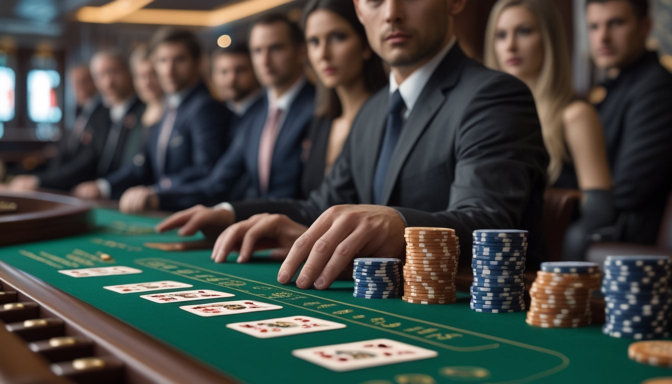 Meja baccarat dengan kartu, keping kasino, dan pemain yang mengamati permainan.