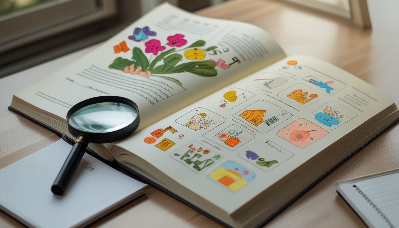 Buku ilustrasi mimpi terbuka di atas meja dengan berbagai gambar simbolis dan alat tulis di sampingnya.