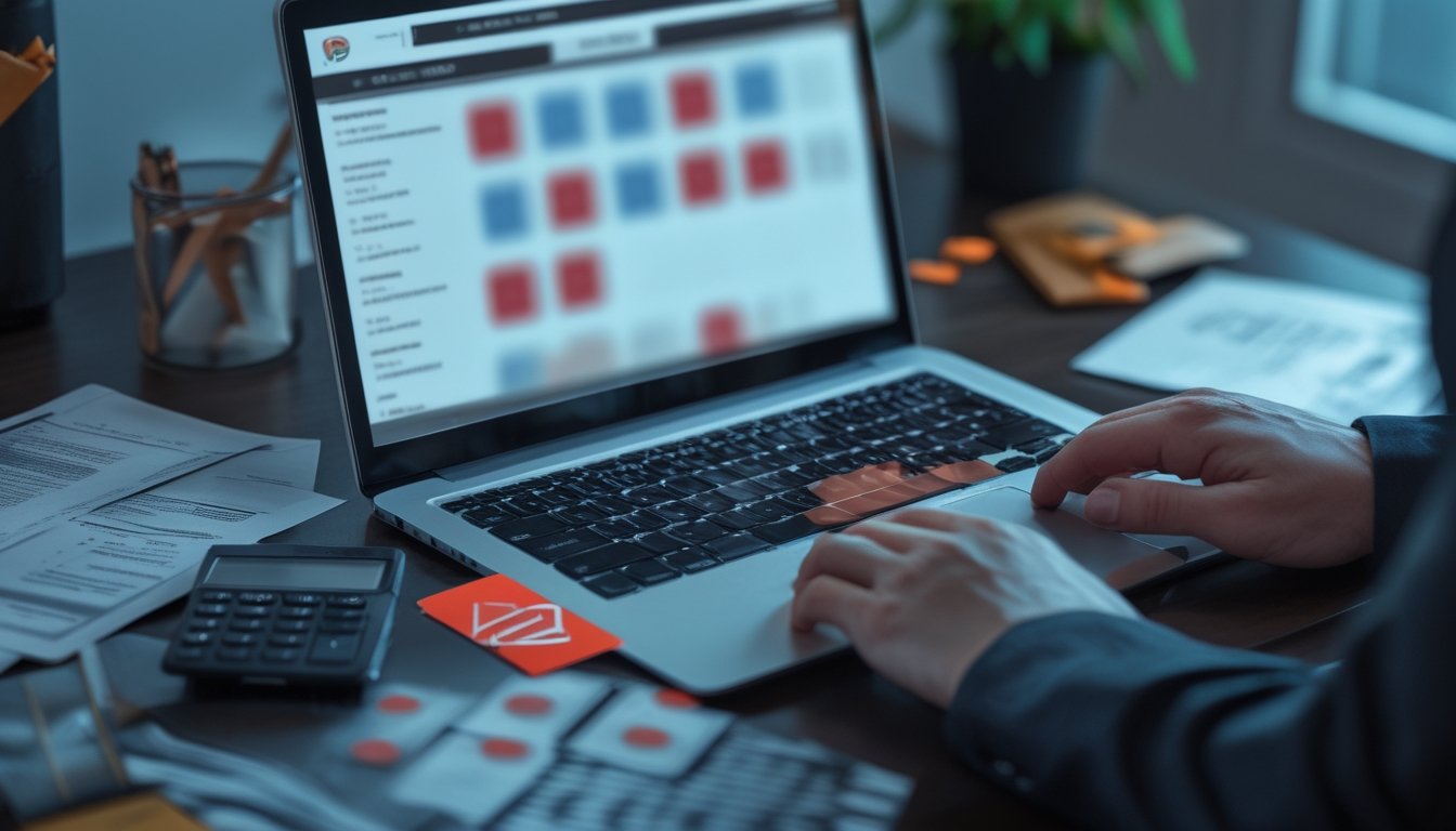 Meja kerja dengan laptop dan ponsel yang menampilkan tanda peringatan terkait risiko perjudian daring.