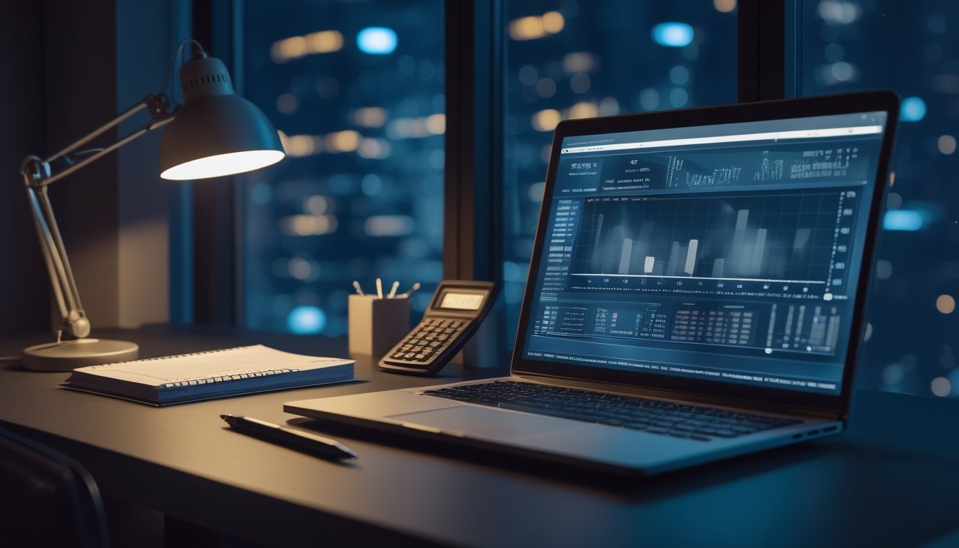 Meja kerja malam dengan laptop berisi grafik angka abstrak, kalkulator, buku catatan kosong, dan jam.