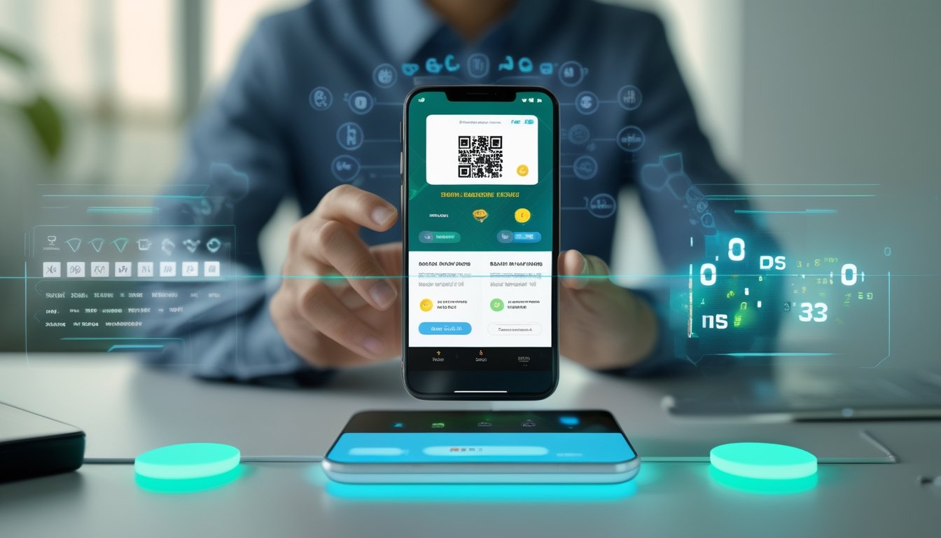 Seseorang memindai kode QR pembayaran menggunakan ponsel di meja kerja modern.
