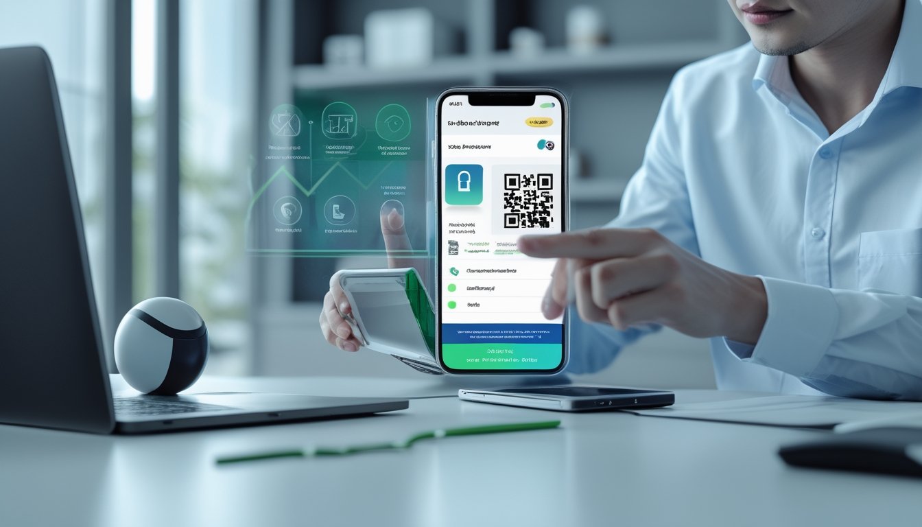 Profesional Indonesia memeriksa platform pembayaran digital yang aman melalui ponsel dan laptop di ruang kerja modern.