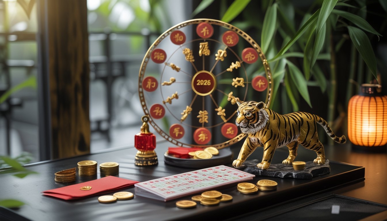 Susunan simbol zodiak, patung harimau emas, amplop merah, koin, bambu, dan lentera di atas meja kayu.