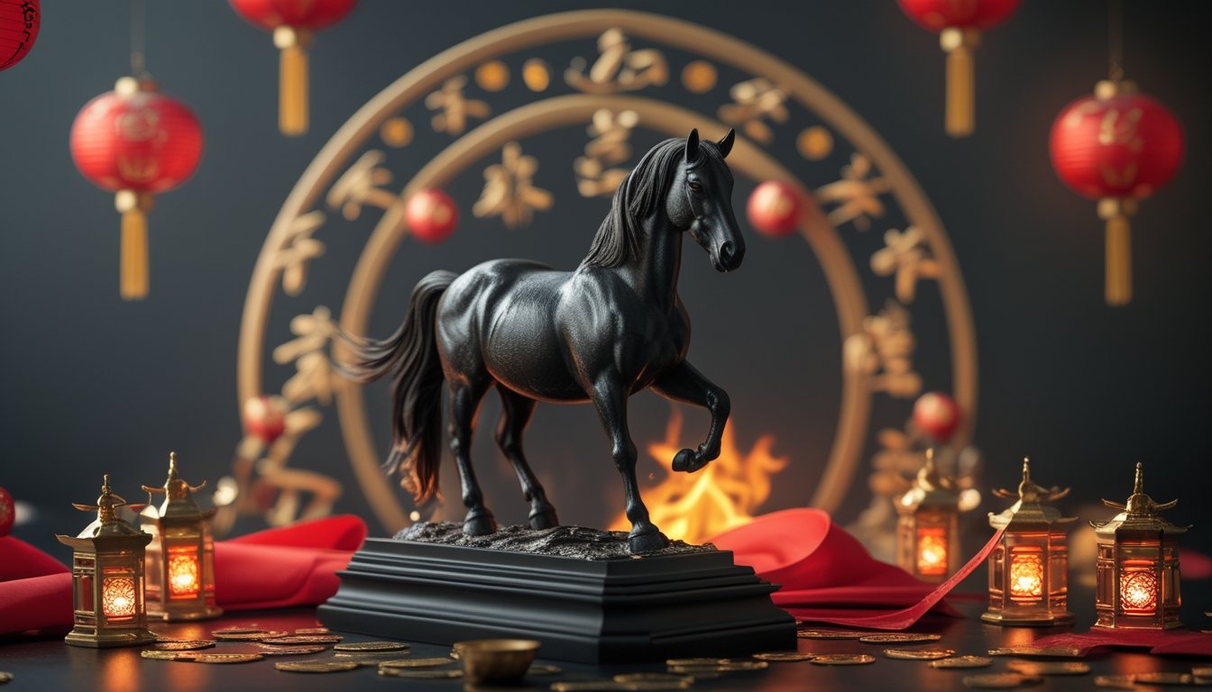 Patung kuda dengan hiasan tradisional Tionghoa berwarna merah dan emas, dikelilingi cahaya hangat serta simbol zodiak.