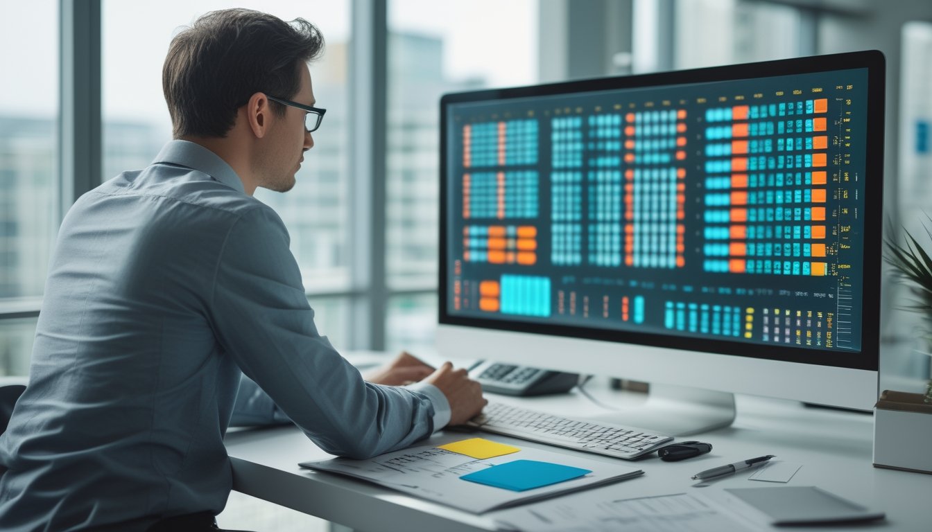 Seorang analis mempelajari pola data berwarna di meja kerja dengan komputer dan catatan.