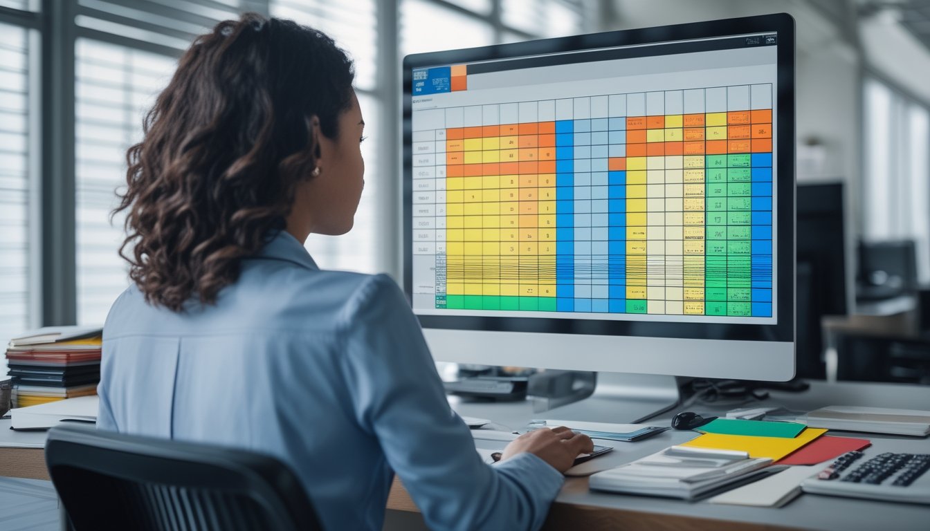 Seorang analis memeriksa tampilan data berpola warna di meja kerja modern.
