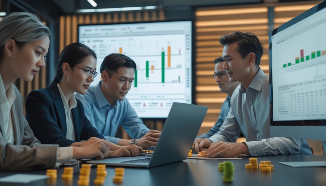 Sekelompok profesional dewasa menganalisis grafik angka dan data di kantor modern.