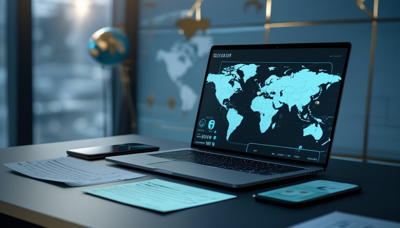 Laptop dan ponsel berada di meja kerja modern dengan tampilan dasbor abstrak serta simbol konektivitas global.