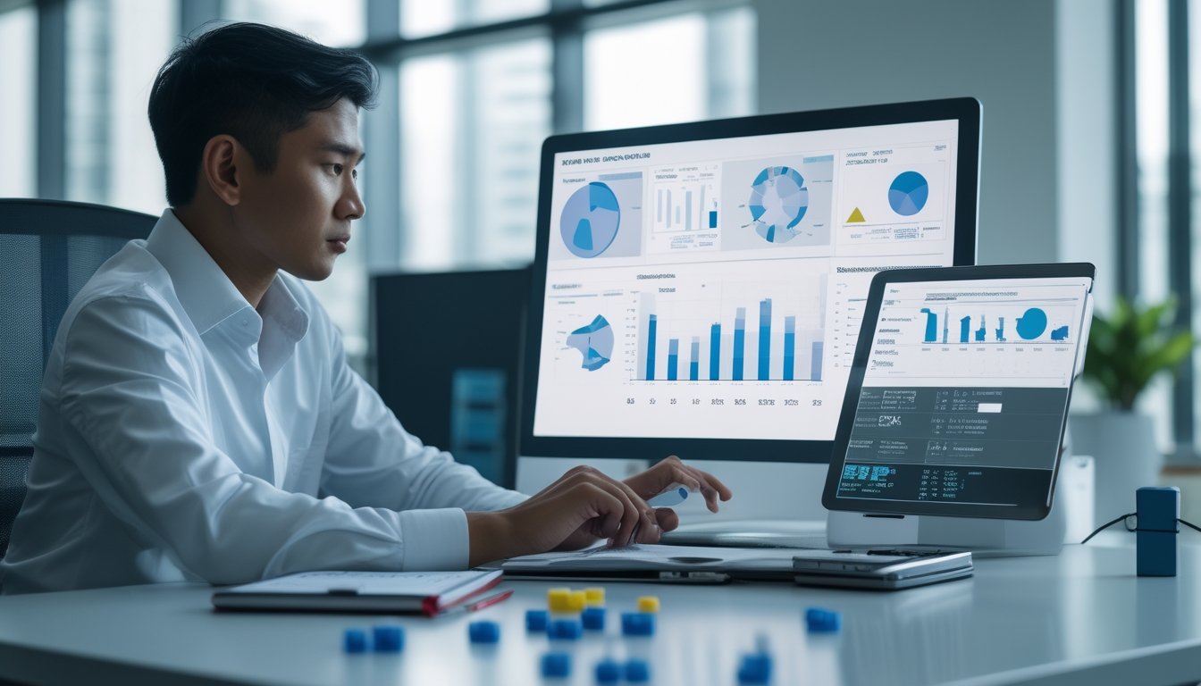 Seorang analis meninjau data dan grafik abstrak di meja kerja modern dengan kalkulator dan buku catatan.