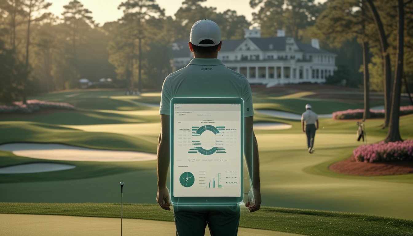 Pegolf profesional mempelajari putting di lapangan Augusta dengan grafik statistik abstrak dan pepohonan azalea di sekitarnya.