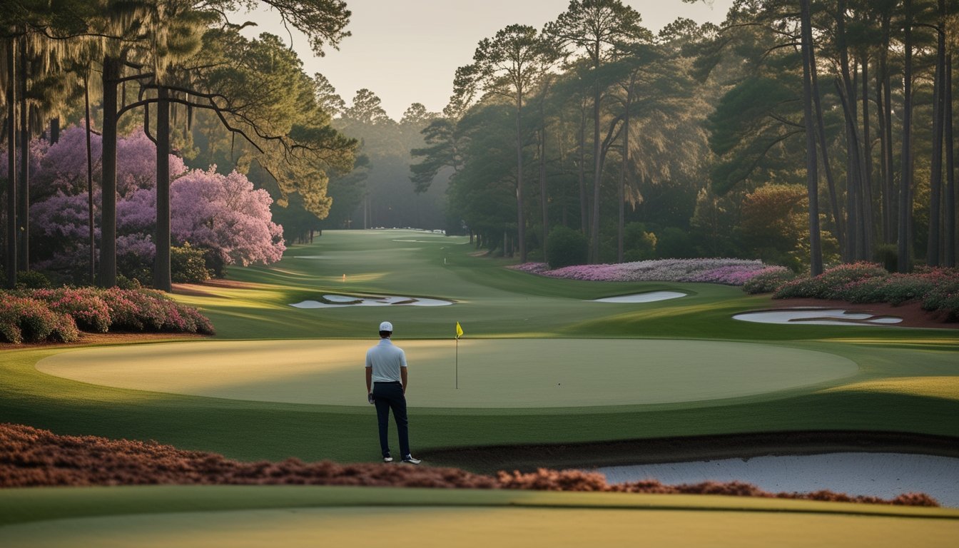 Pemandangan lapangan golf Augusta National dengan fairway hijau, bunker pasir, pepohonan berbunga, dan pegolf yang sedang membaca arah pukulan.
