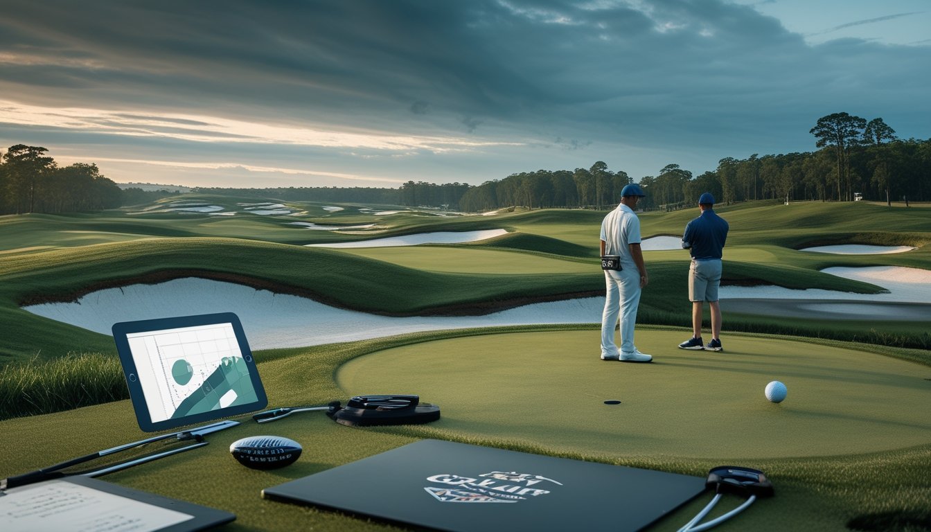 Pegolf profesional dan caddie menganalisis lapangan golf kejuaraan yang sulit dengan bunker, rintangan air, dan fairway bergelombang.