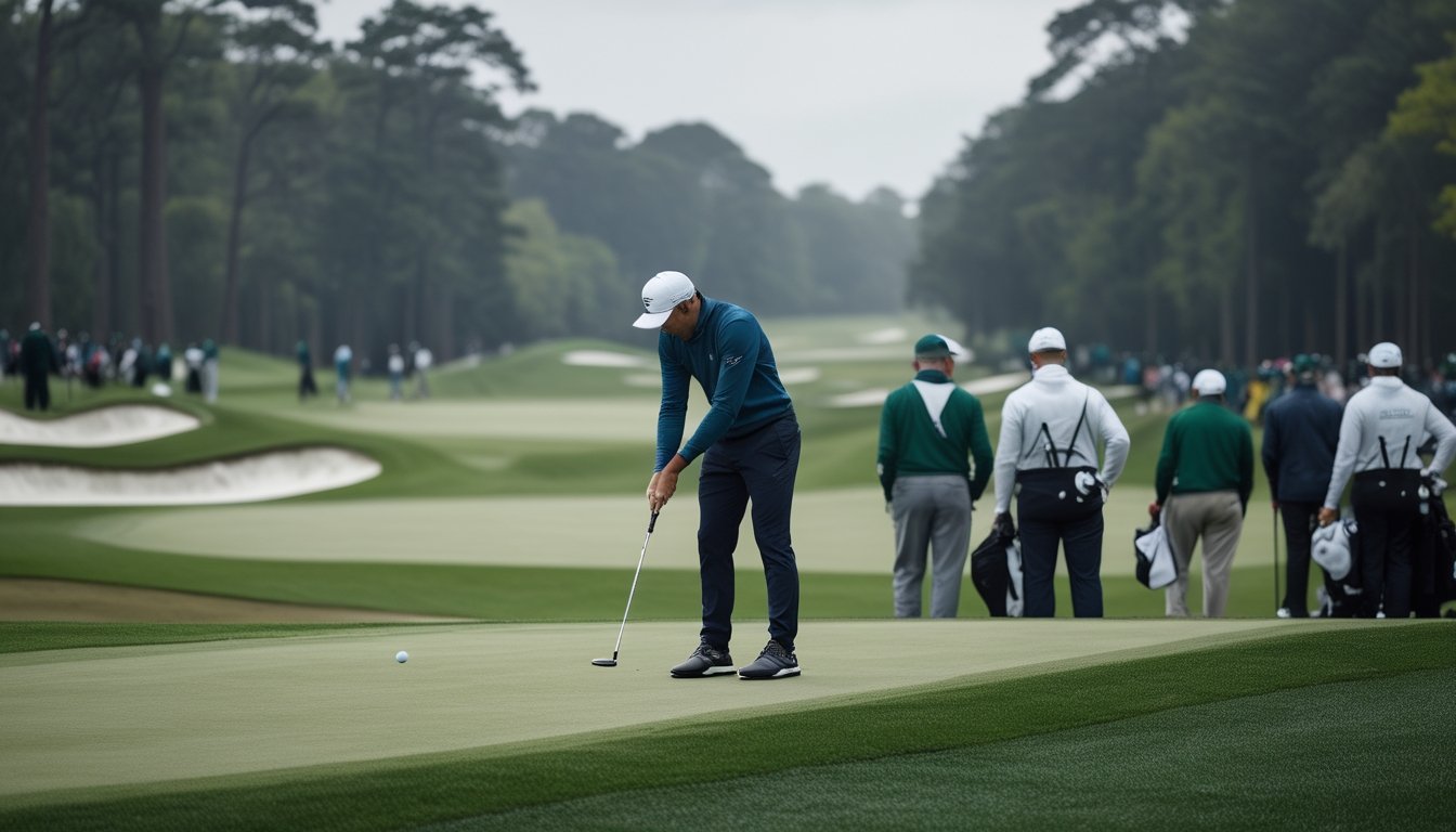 Pegolf profesional membaca pukulan di lapangan kejuaraan yang sulit dengan bunker, rough tebal, dan green bergelombang.