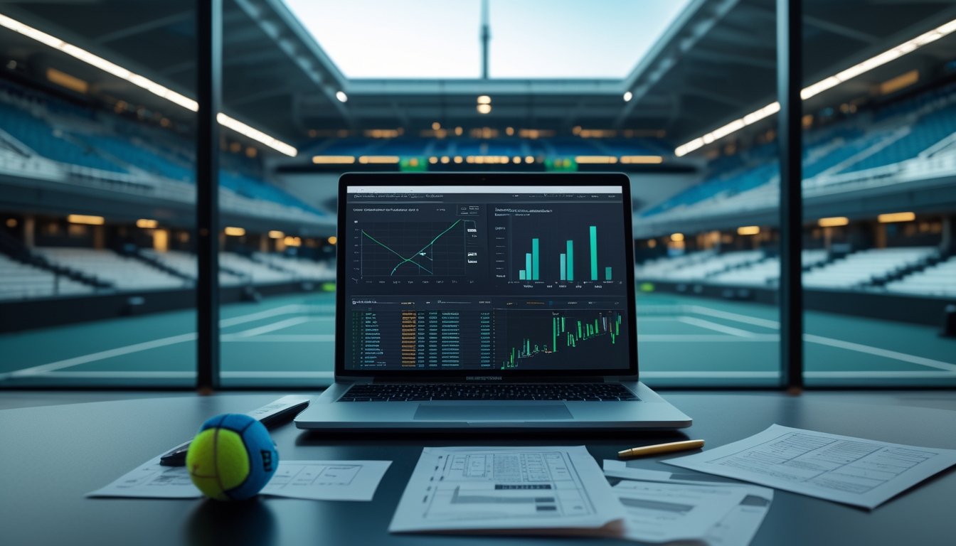 Analis olahraga menganalisis data pertandingan tenis di meja kerja dengan stadion tenis terlihat di latar belakang.