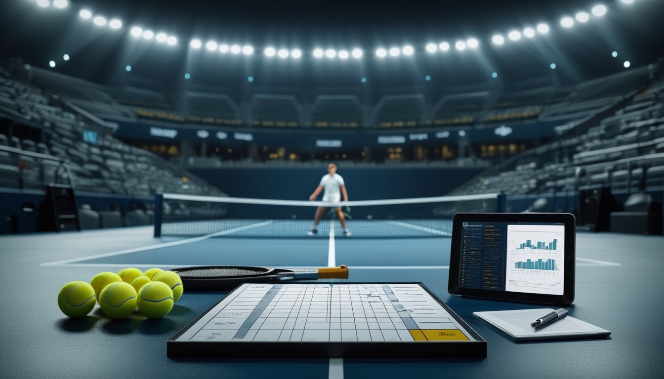 Suasana stadion tenis dengan pemain yang sedang bersiap bertanding dan perlengkapan analisis pertandingan di dekat lapangan.