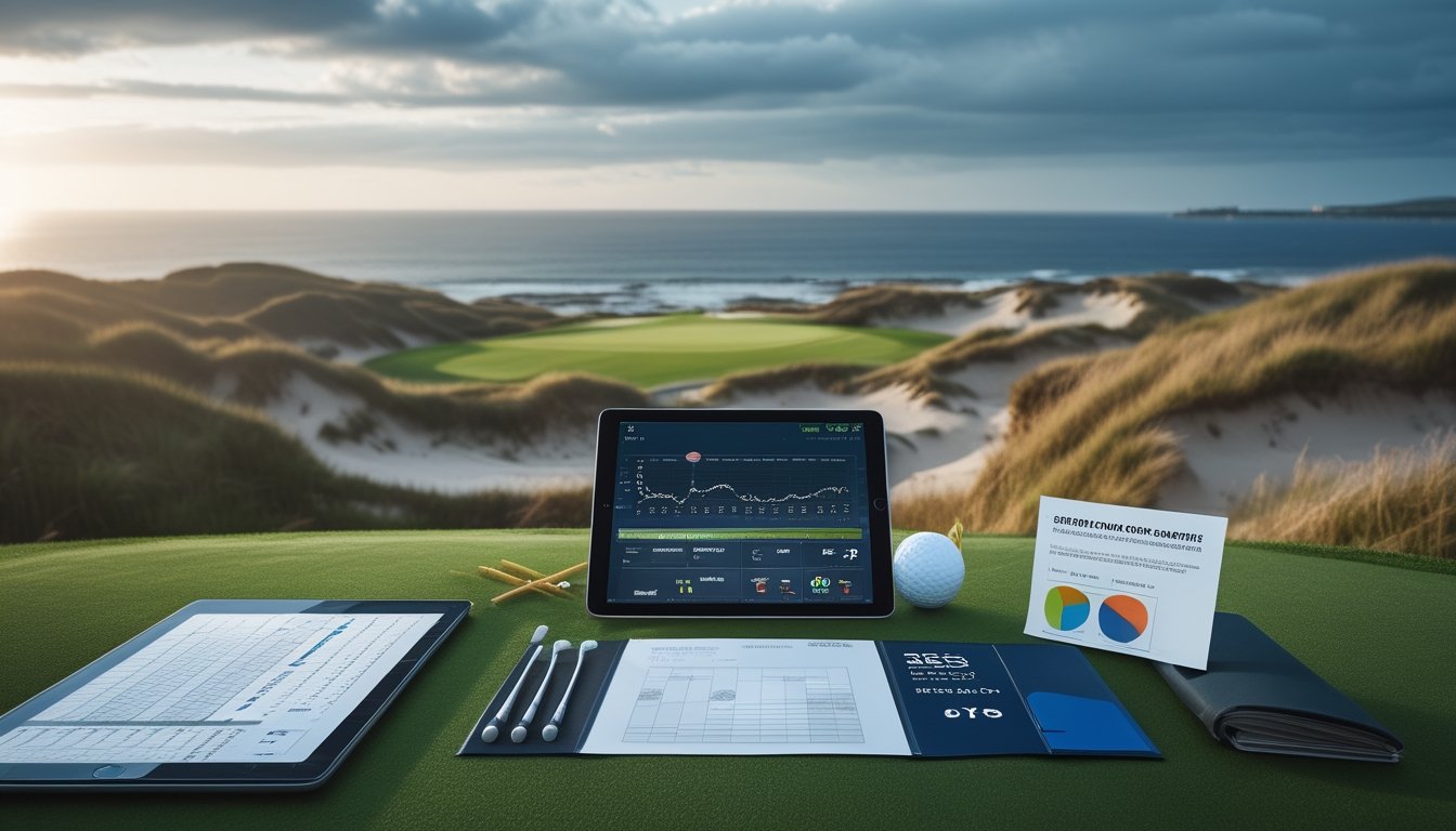 Analisis strategi golf di lapangan links pesisir dengan perlengkapan golf, tablet, dan cuaca yang berubah-ubah.