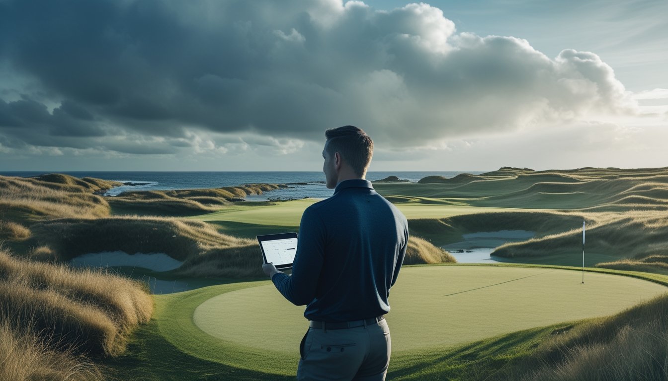 Analis golf mengamati lapangan links pesisir dengan cuaca yang berubah-ubah dan angin kencang.
