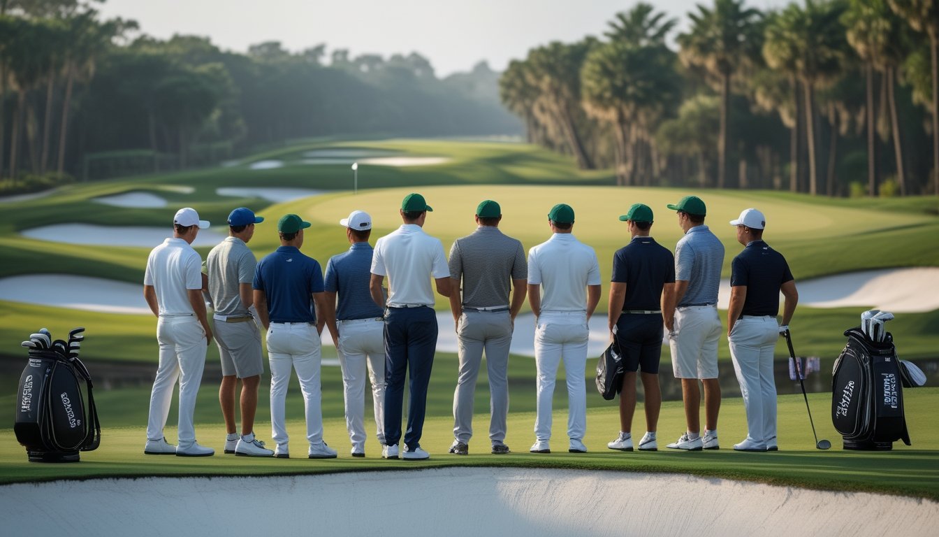 Sejumlah pegolf profesional dan analis mengamati lapangan golf turnamen sambil menilai performa pemain.