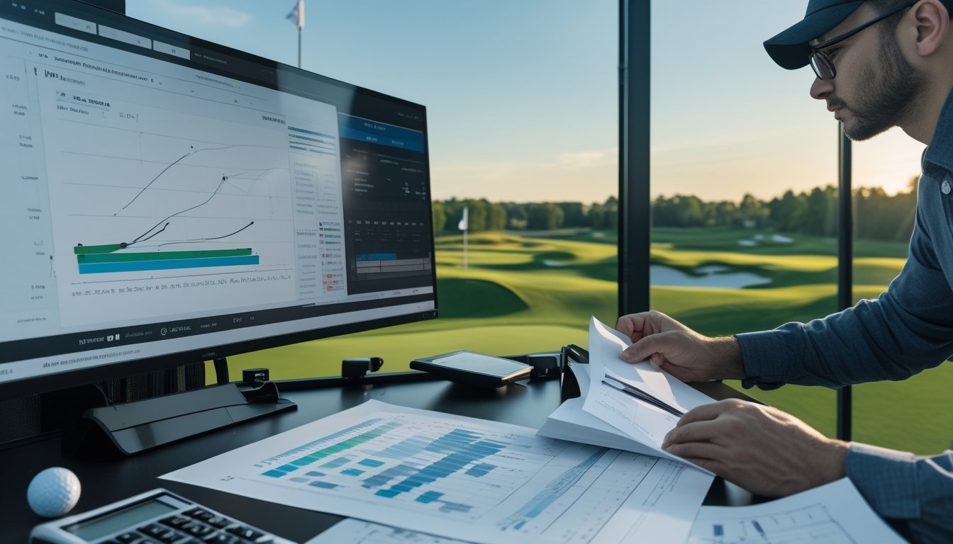Analis sedang meninjau data statistik golf di meja kerja dengan lapangan golf turnamen terlihat melalui jendela.
