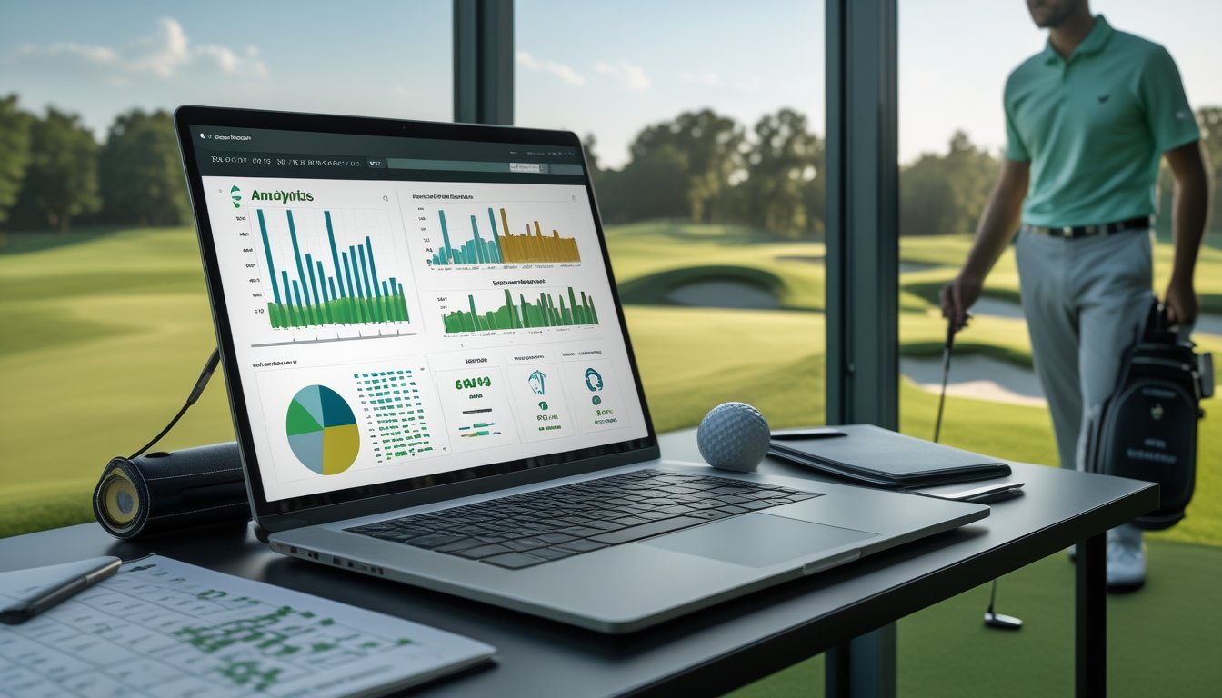 Meja analisis dengan laptop berisi grafik statistik abstrak, perlengkapan golf, dan lapangan golf turnamen di latar belakang.