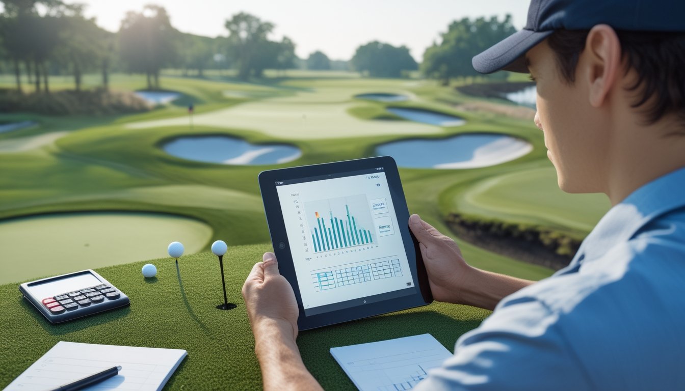 Seorang pegolf pemula mempelajari analisis pertandingan di tablet di lapangan golf.