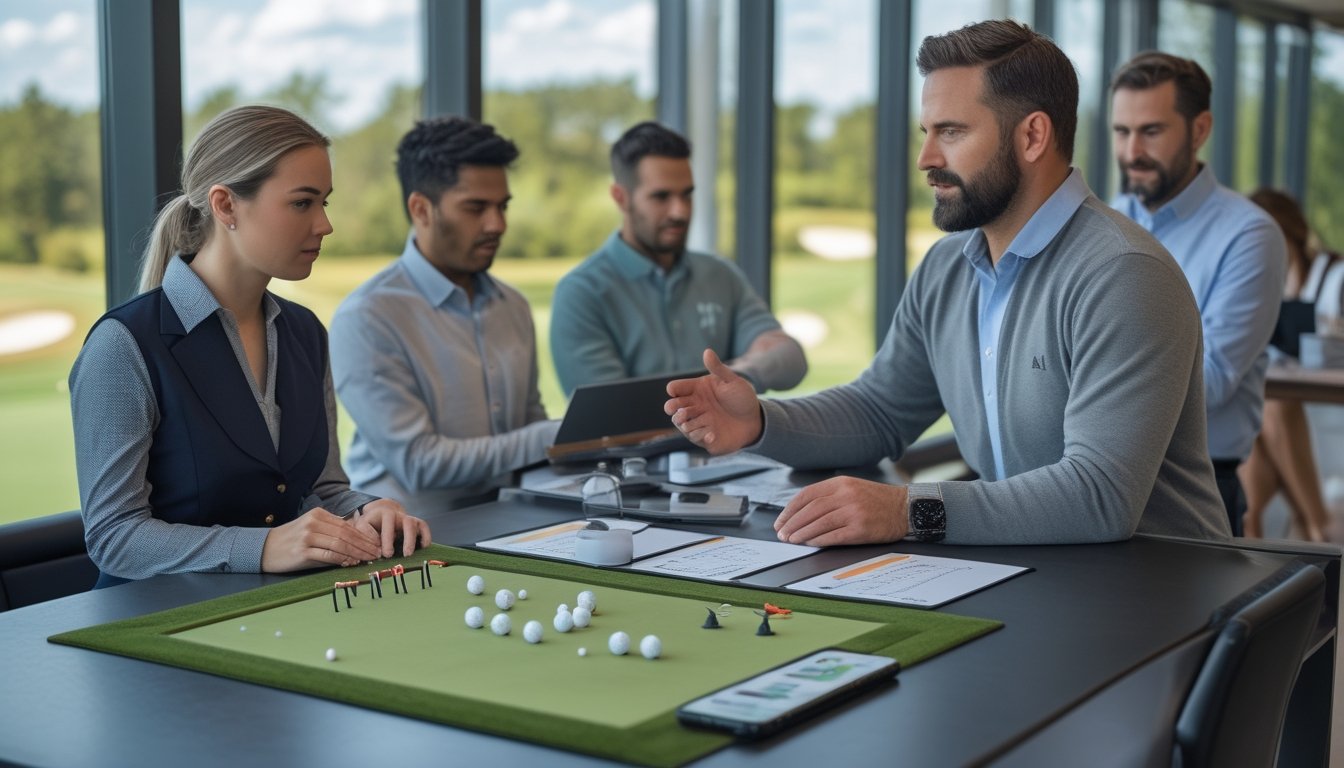 Sekelompok pemula belajar dasar taruhan golf bersama instruktur di ruang klub yang menghadap lapangan golf.